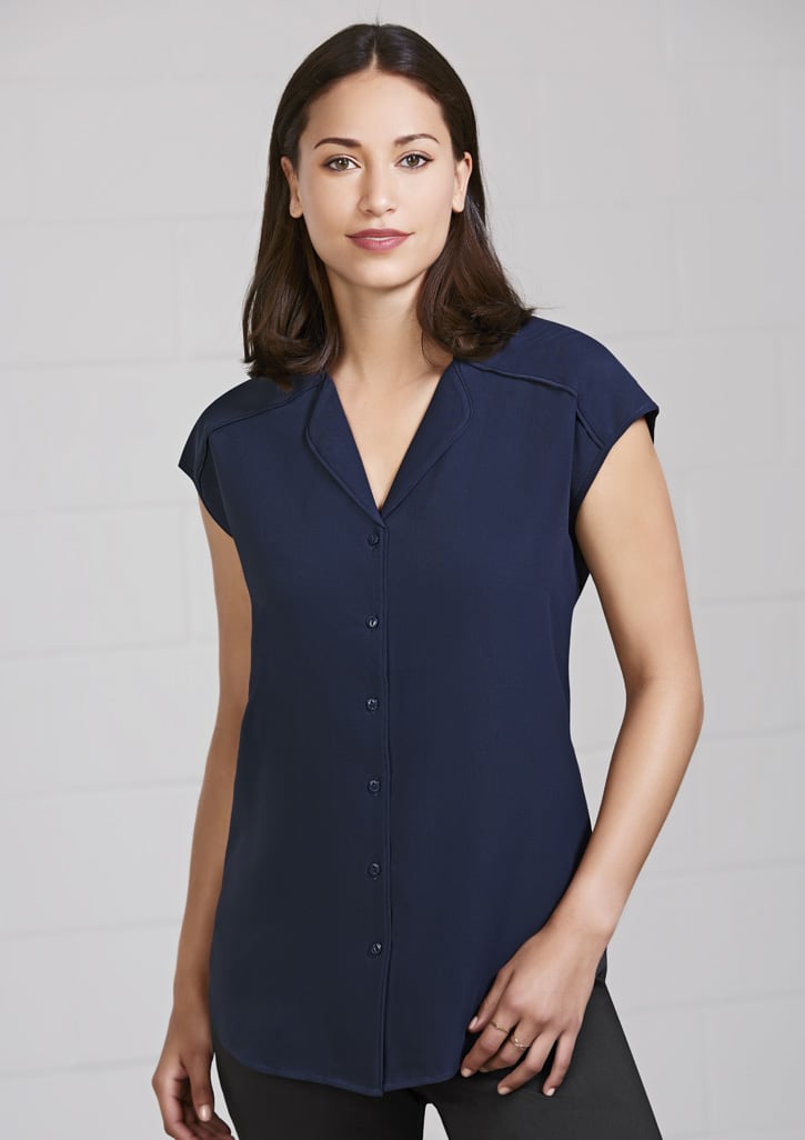 A navy blue women's blouse with short sleeves and a button-up front, featuring a collar and a relaxed fit.