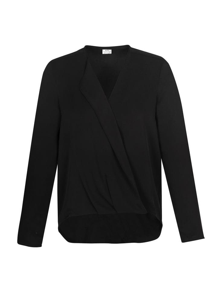 A black women's hi-lo blouse with long sleeves and a wrap-style front, featuring a logo tag.