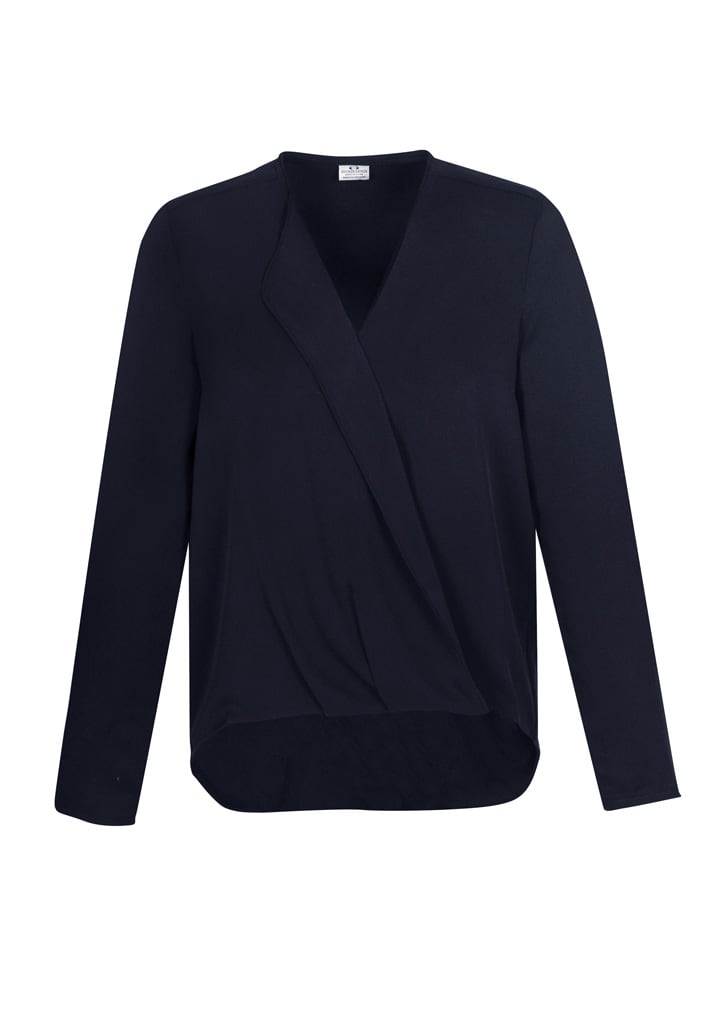 A women's hi-lo blouse in navy blue with a wrap design and long sleeves. Features a logo on the label.