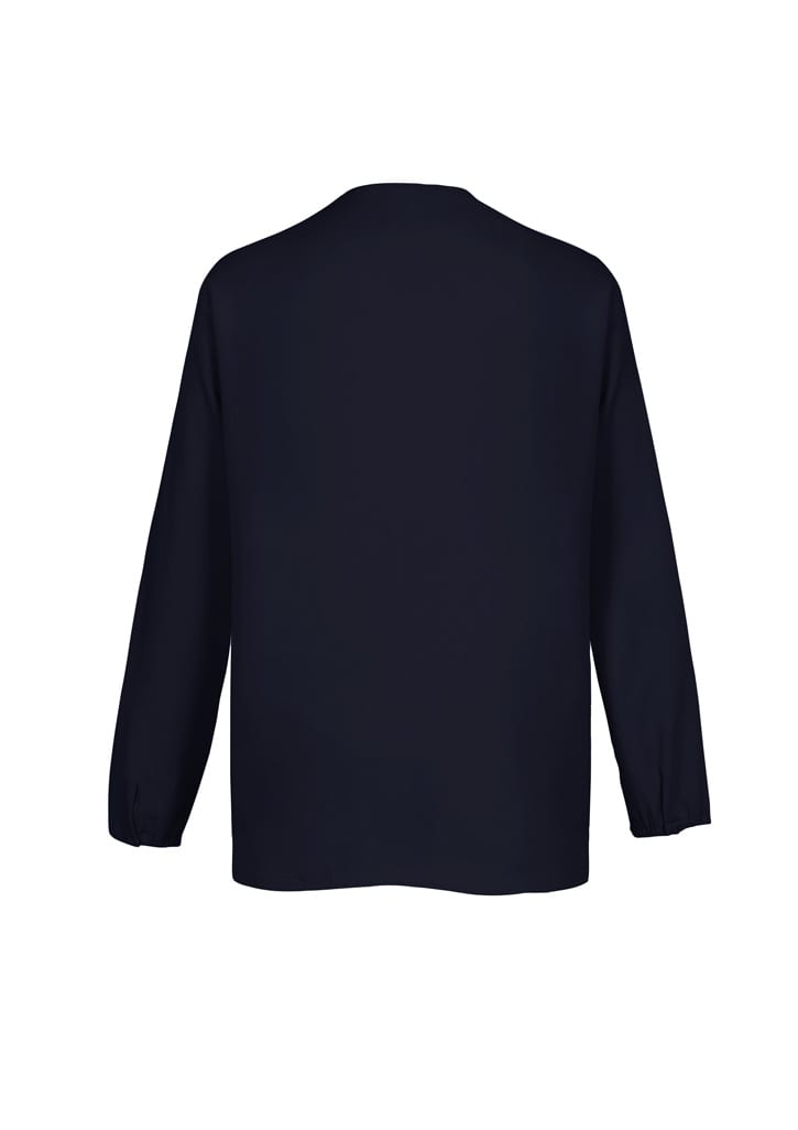 A dark navy women's blouse with long sleeves and a hi-lo hem, featuring a simple design and no visible branding.