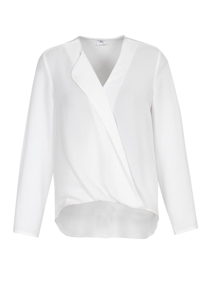 A white women's hi-lo blouse with a wrap-style front and long sleeves. Features a logo on the label.