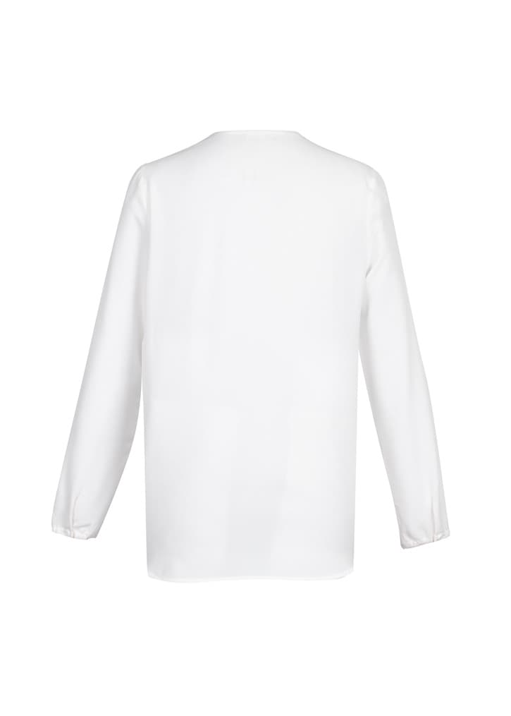 A white women's button-up blouse featuring a hi-lo hem and long sleeves, with a logo on the back.