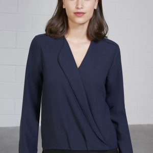 A navy blue women's button-up blouse with long sleeves and a hi-lo hem design. Features a sleek, wrap-like front.