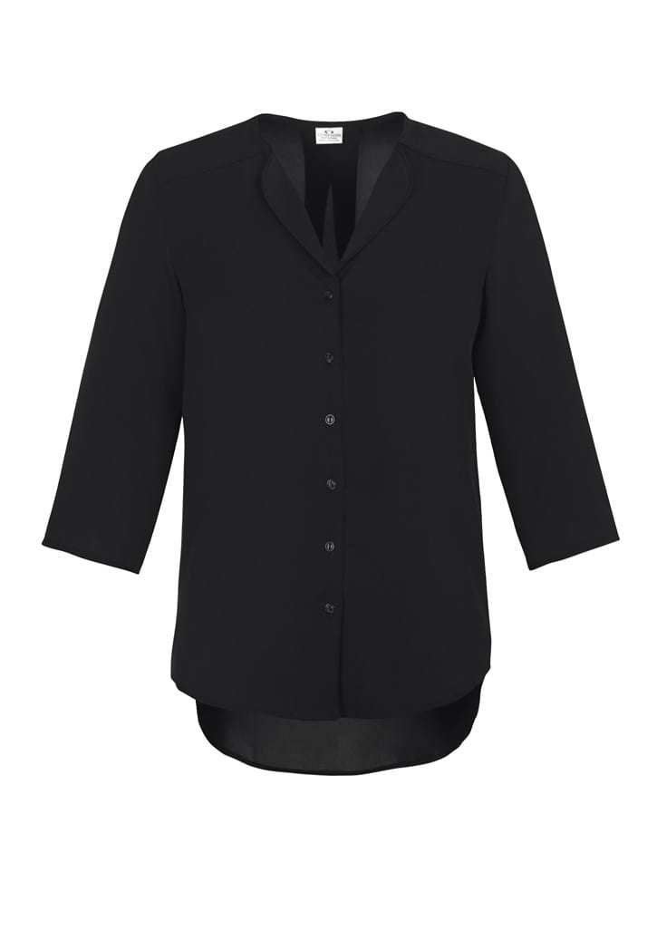 A black women's longline blouse with a button-up front and three-quarter sleeves, featuring a curved hem and a logo.