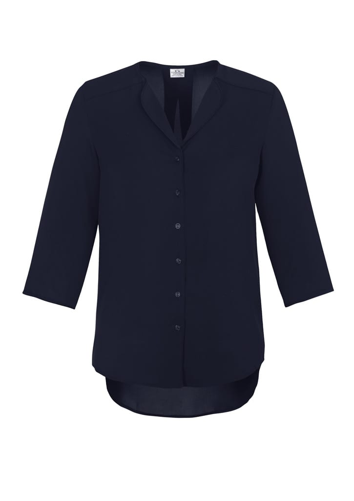 A button-up longline blouse in navy blue with a collar and three-quarter sleeves. It features a logo.