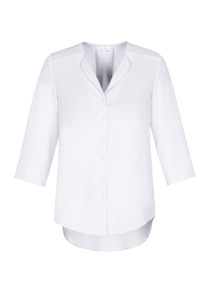 A light grey longline blouse with a button-up front and three-quarter sleeves. It has a subtle logo.