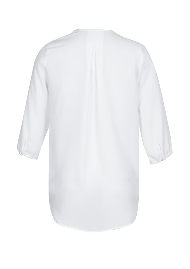 A white longline blouse with three-quarter sleeves and a relaxed fit, featuring a back pleat and a branding logo.