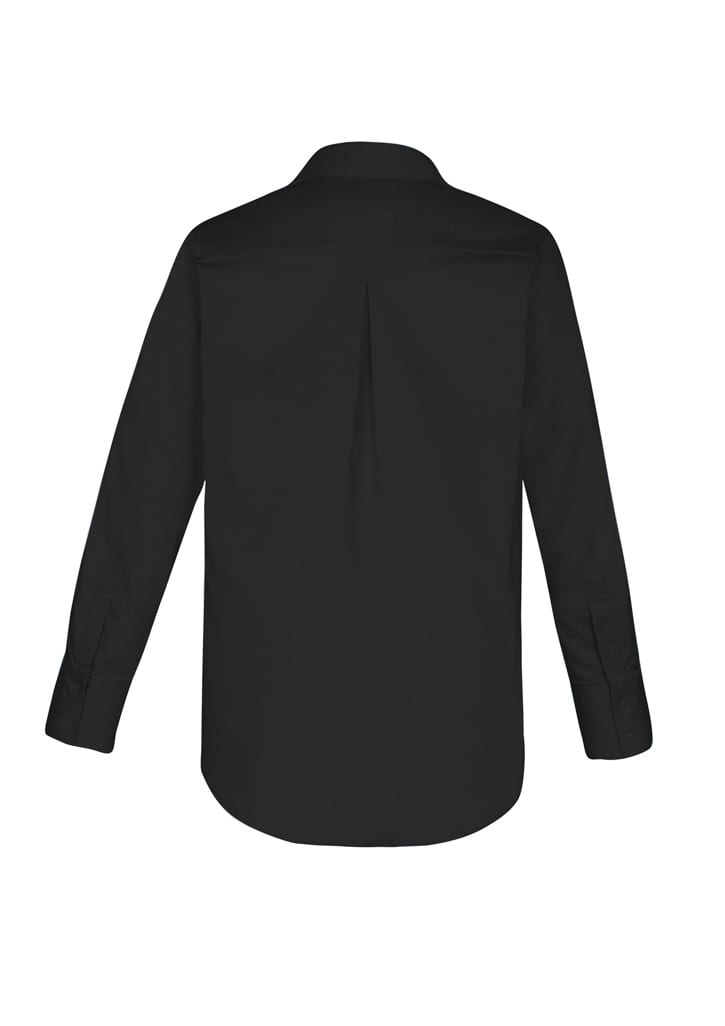 A black women's long sleeve button-up shirt with a back pleat and cuffs. It features a collar and a branded logo.