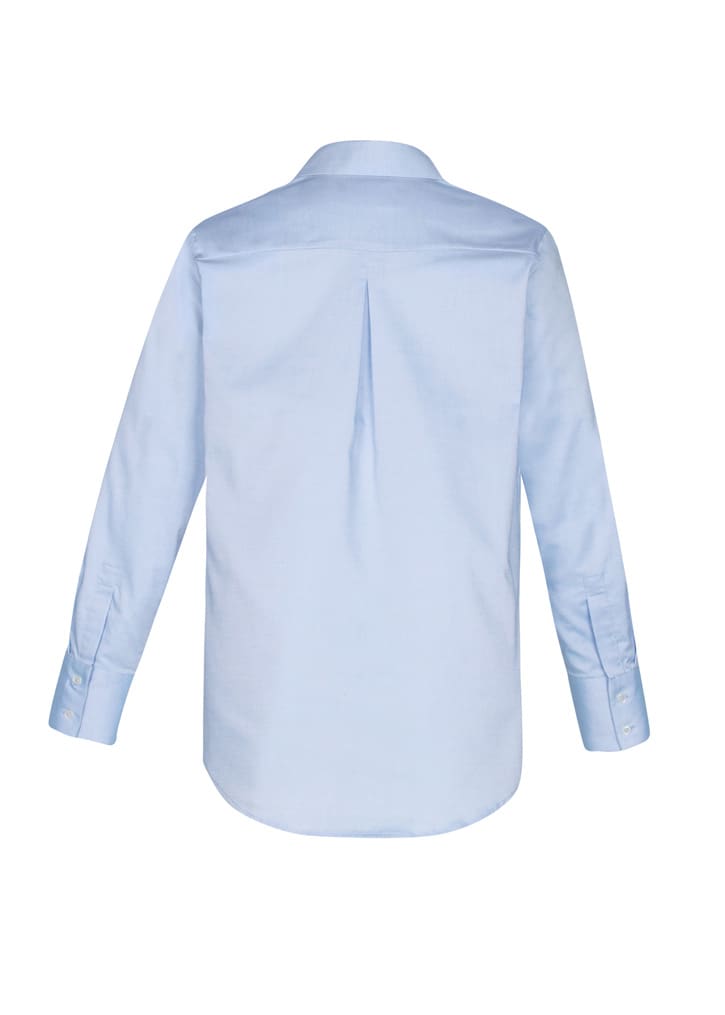 A light blue long sleeve button-up shirt with a central back pleat and buttoned cuffs. It features a collar and has a logo.