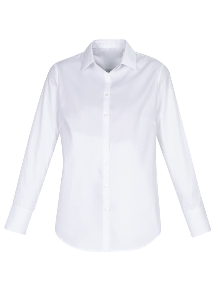 A white long sleeve button-up shirt with a classic collar and cuffs, featuring a logo.
