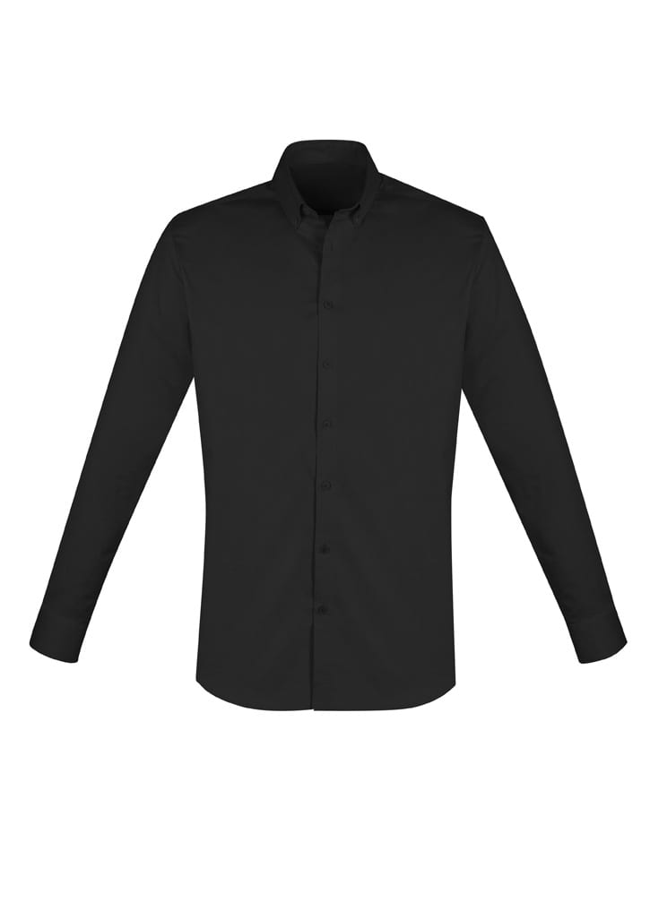 A black long sleeve button-up shirt featuring a classic collar and a logo on the chest.