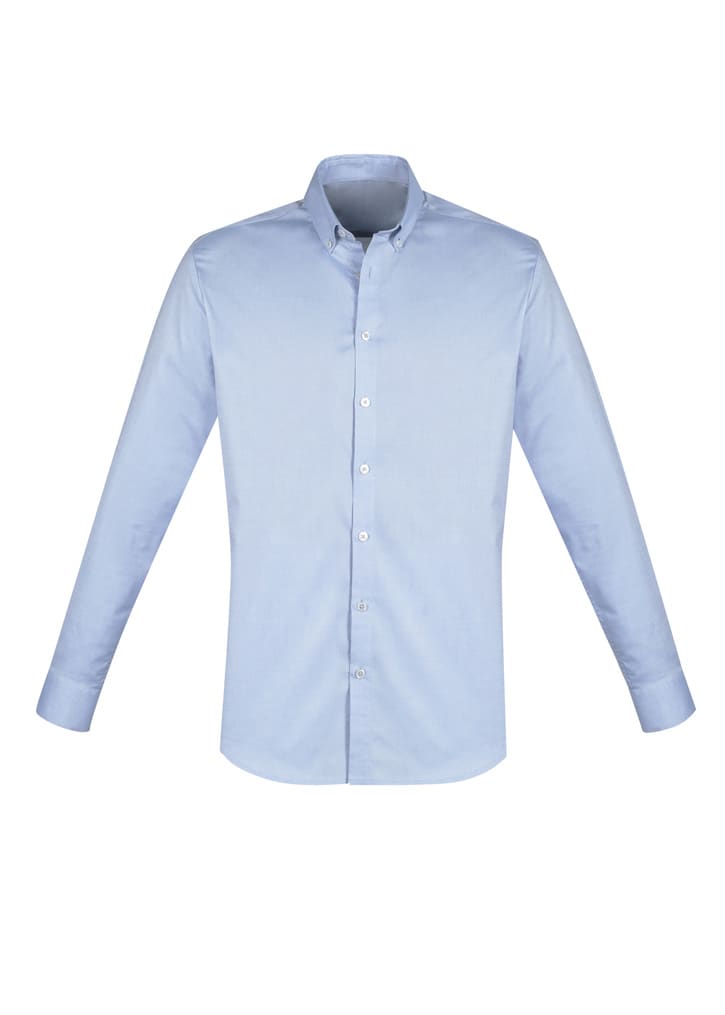 A light blue long sleeve button-up shirt with a collar and a logo.