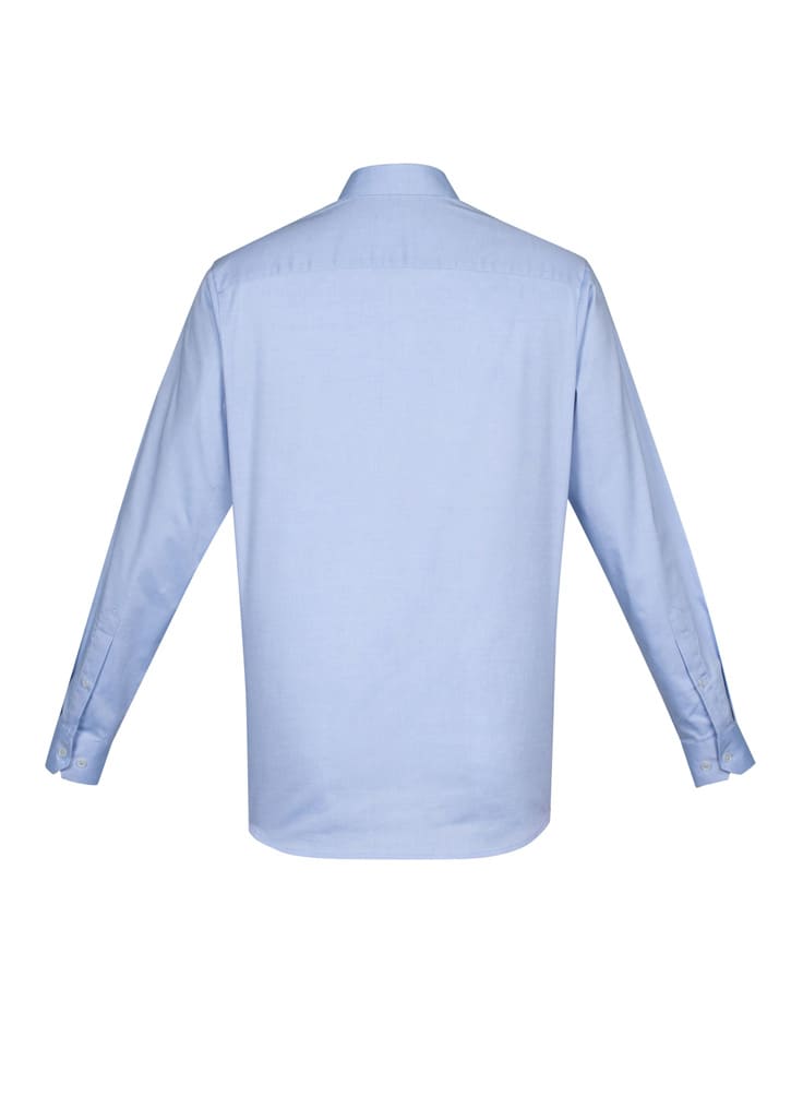 A light blue men's long sleeve button-up shirt with a collar and back yoke detail, featuring a logo.