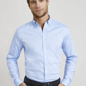 A light blue button-up long sleeve shirt featuring a collar and a logo on the chest.