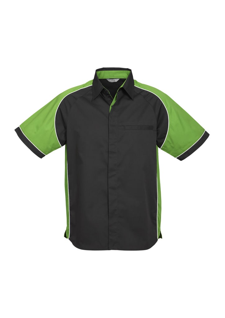 A black and green short sleeve button-up shirt featuring contrasting panels and a logo.