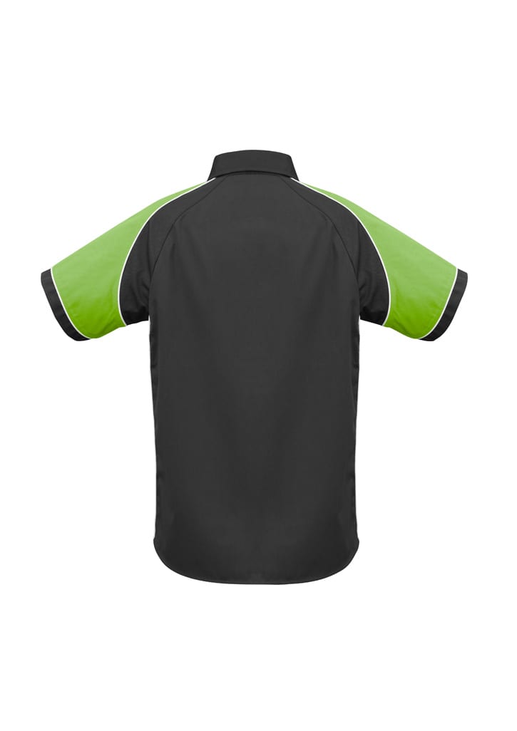 A short sleeve button-up shirt in black with green accents, featuring a logo on the back.