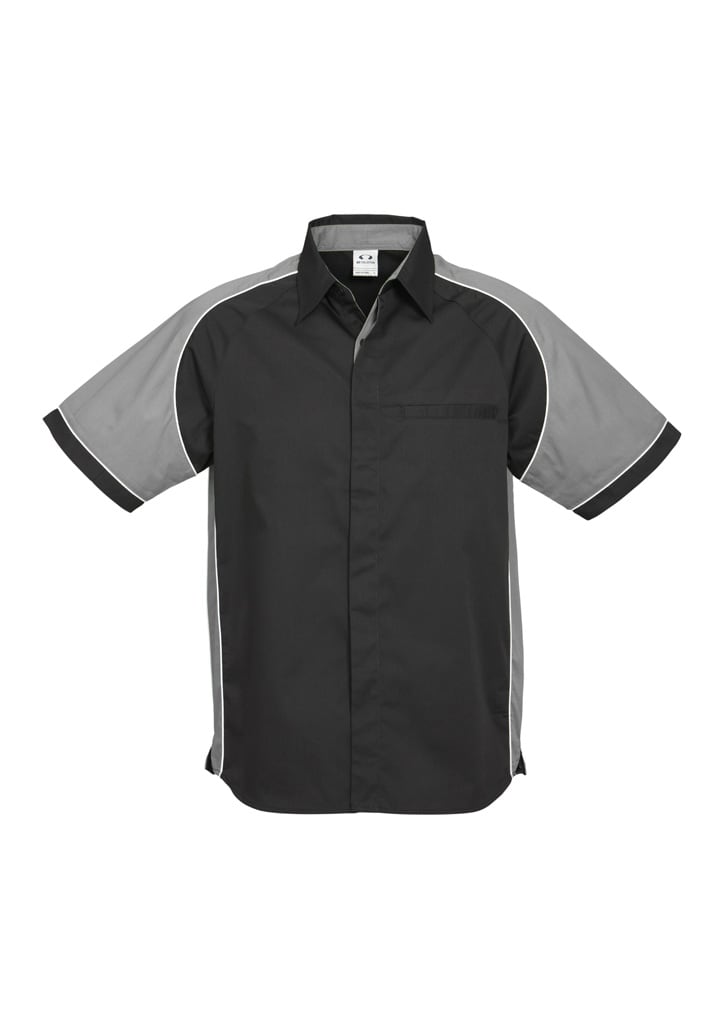 A short sleeve button-up shirt in black and grey with contrasting trim and a chest pocket. It features a logo.