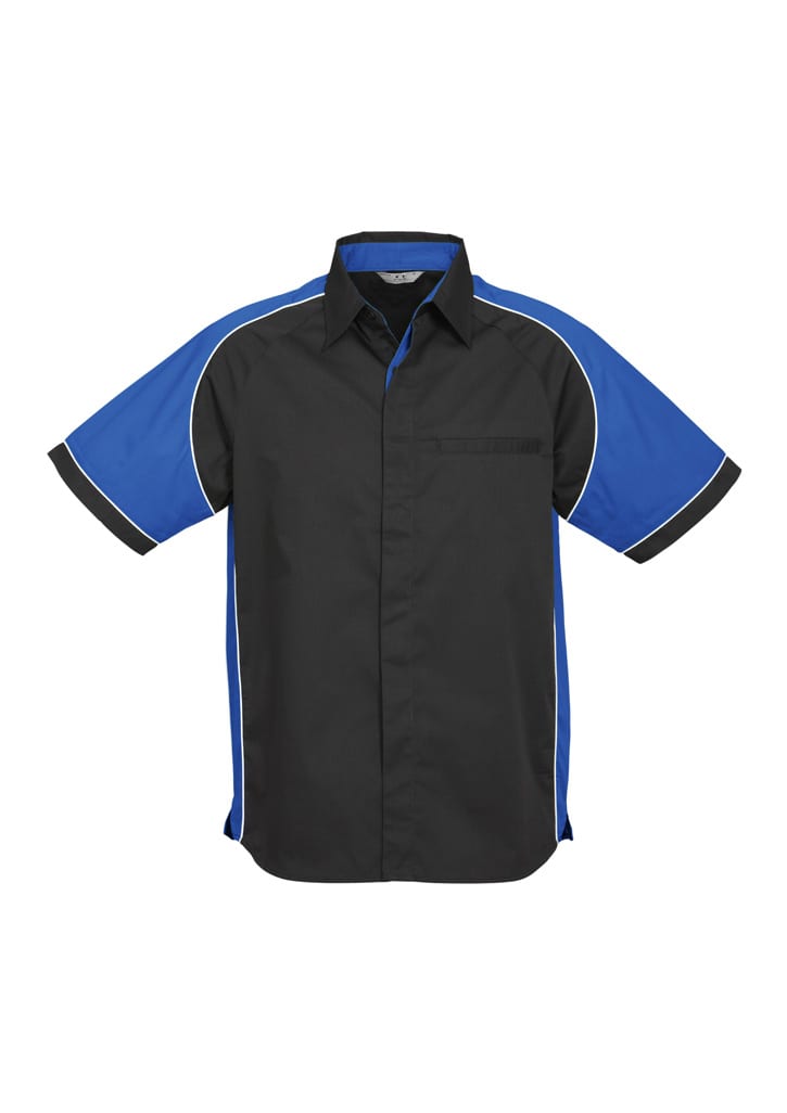 A black and blue short sleeve button-up shirt with a pocket and contrasting side panels. The shirt features a logo.