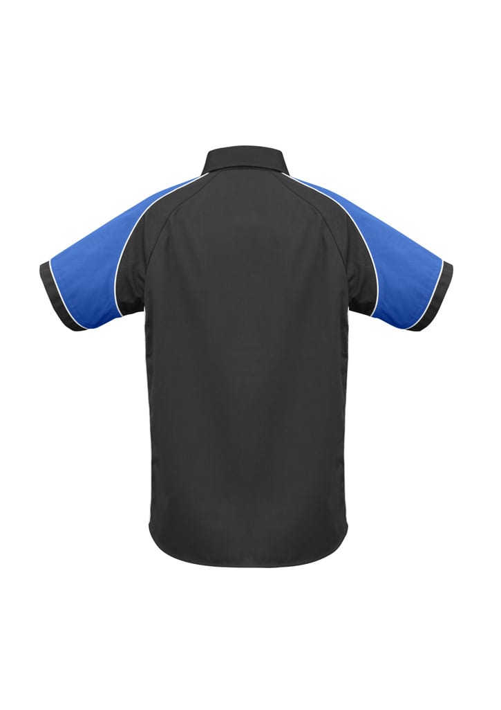 A short sleeve shirt featuring a black body with blue sleeves and white accents. It has a logo on the front.