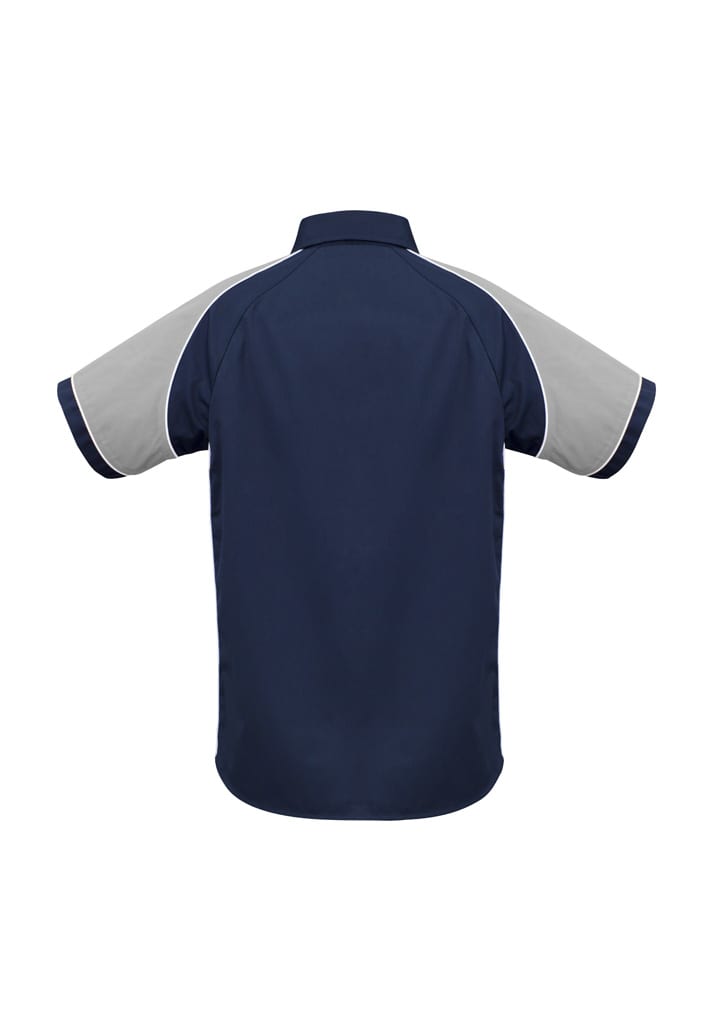 A navy blue short sleeve button-up shirt with grey accents and a logo branding on the back.