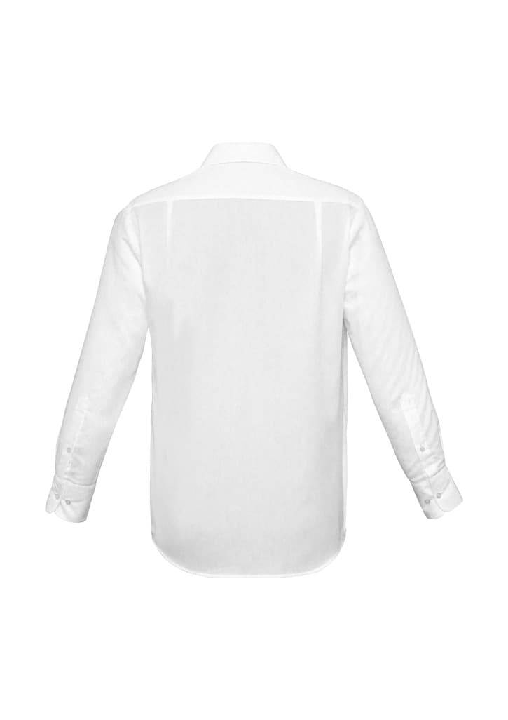 A white men's long sleeve button-up shirt with a classic collar and button cuffs, featuring a logo.