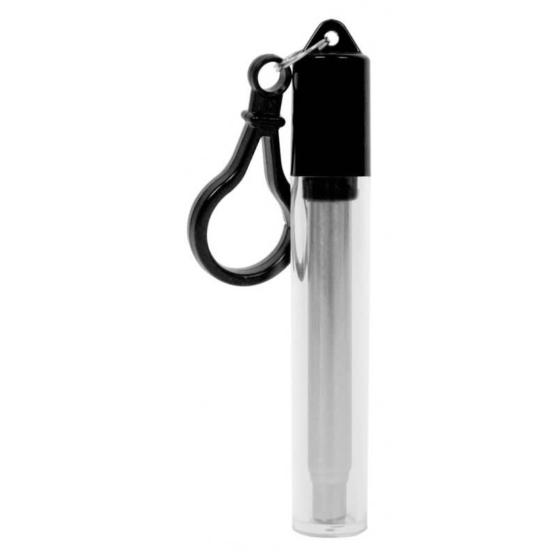 A stainless steel telescopic straw in a transparent case with a black cap and a clip attachment.
