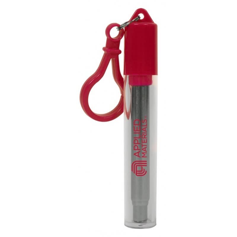 A red and clear case housing a stainless steel telescopic straw, with a keychain clip attached.