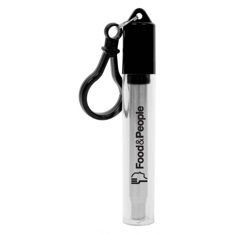 A telescopic stainless steel straw in a clear protective case with a black clip, featuring a logo.