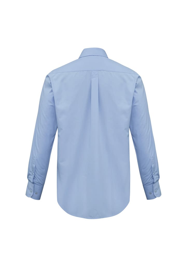 A light blue long sleeve shirt with a button-up style and a back pleat, featuring a logo.
