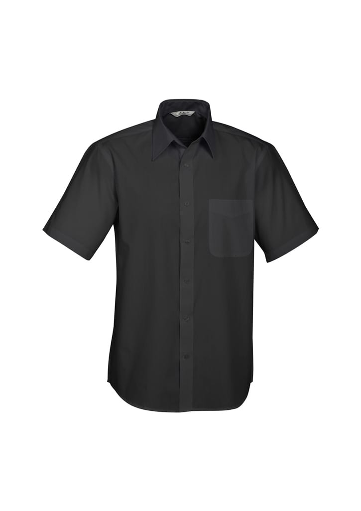 A short sleeve button-up shirt in black with a chest pocket and a logo.