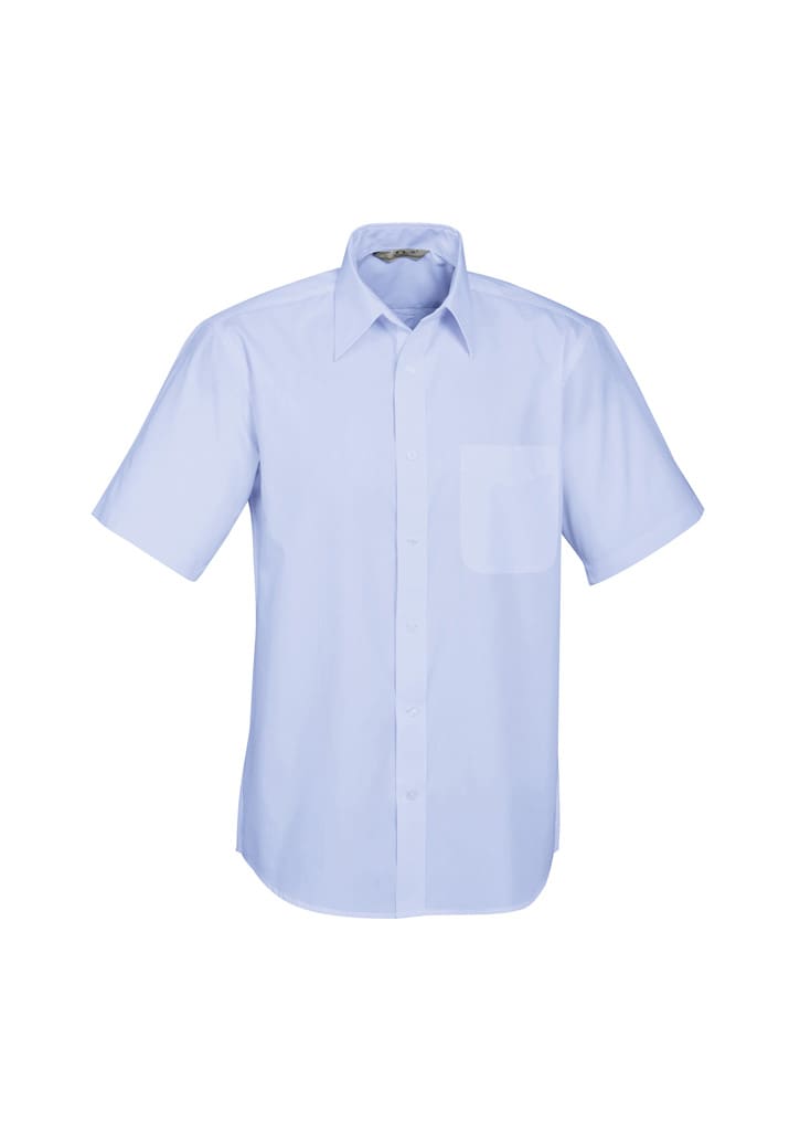 Light blue short sleeve button-up shirt with a pocket and a collar. It features a logo on the chest area.