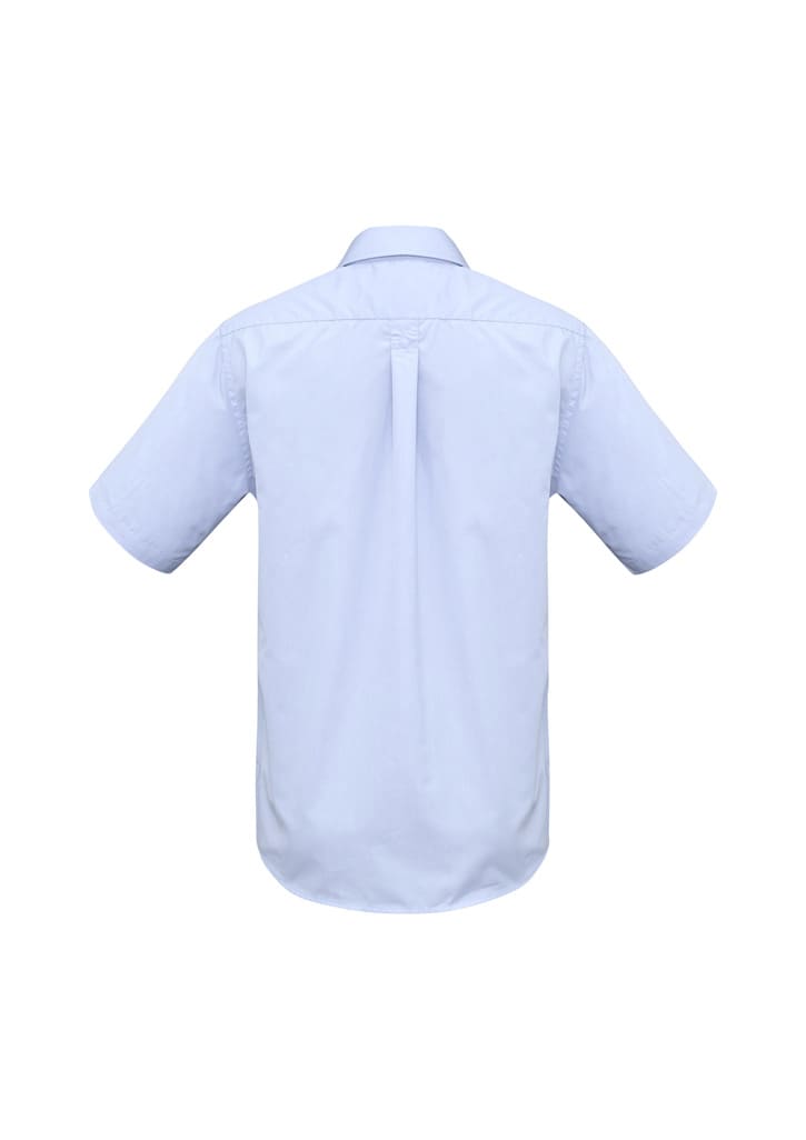 A light blue men's short sleeve button-up shirt with a back pleat and a logo.