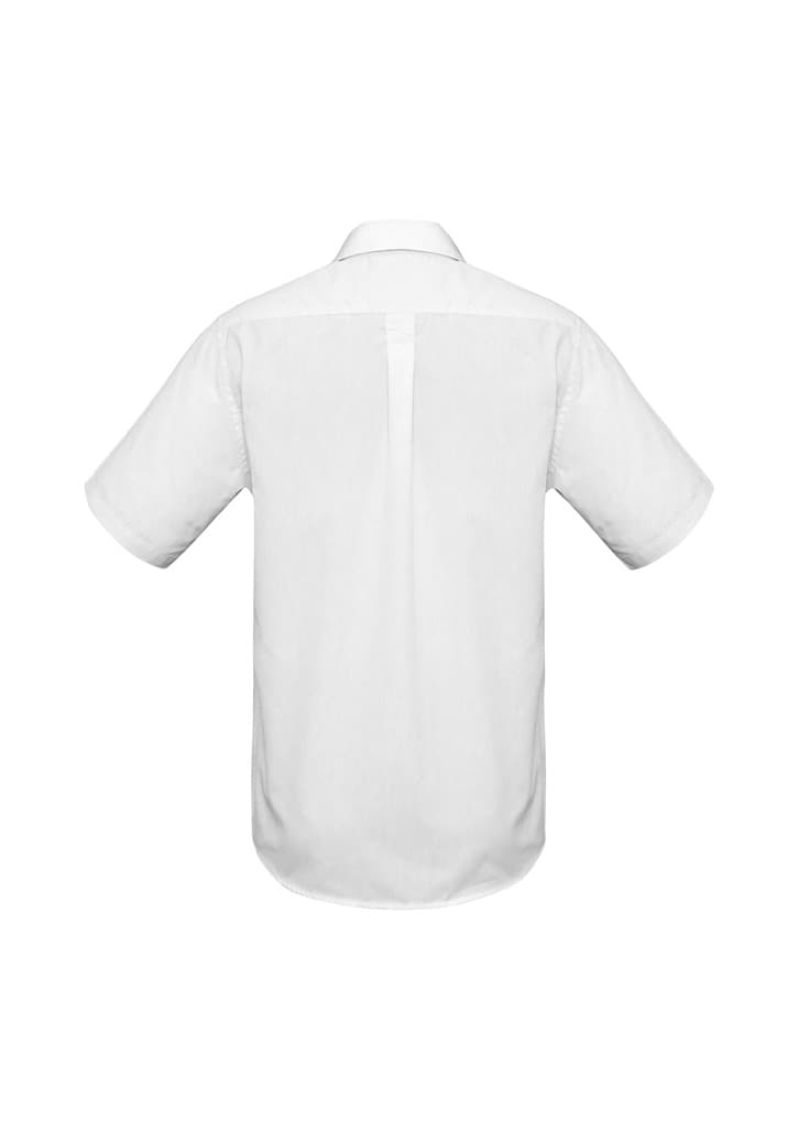 A white short sleeve button-up shirt featuring a back pleat and a collar, with a logo on the back.
