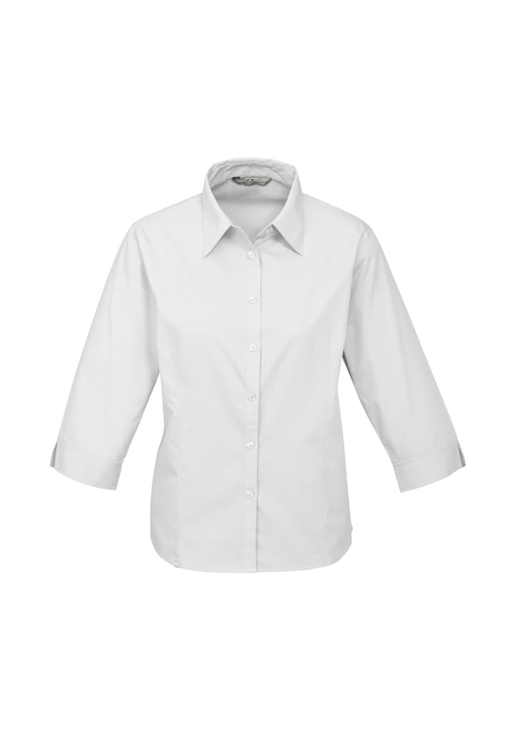 A white women's 3/4 sleeve button-up shirt with a collar and a logo.