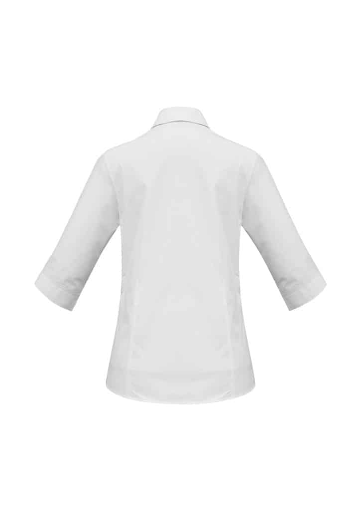 A white women's 3/4 sleeve button-up shirt with a collar and a logo.