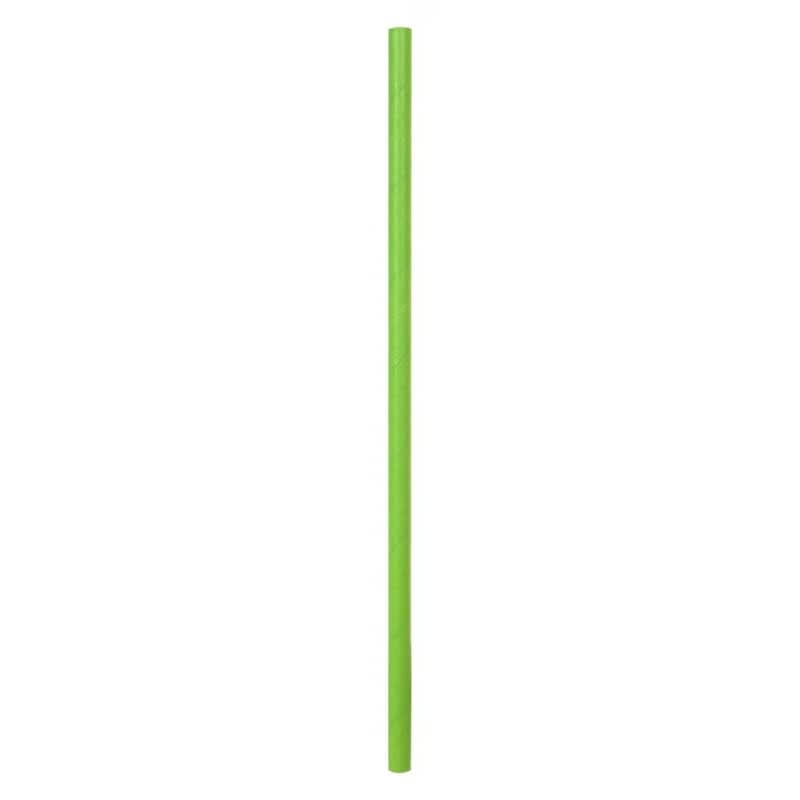A green straw stands upright against a white background, featuring a simple design without any visible logos.