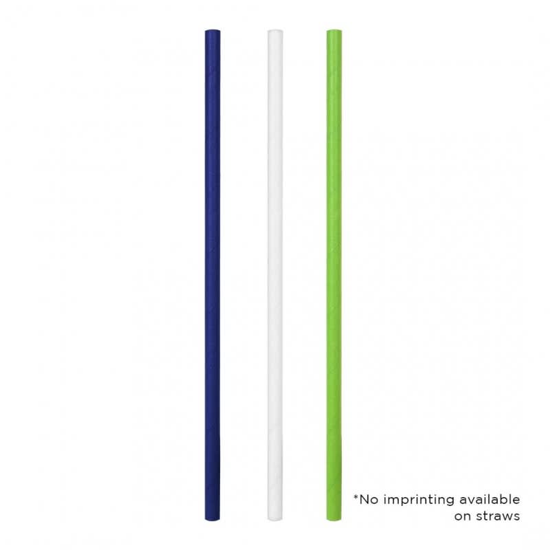 A collection of three straws in navy blue, white, and green, featuring a logo.