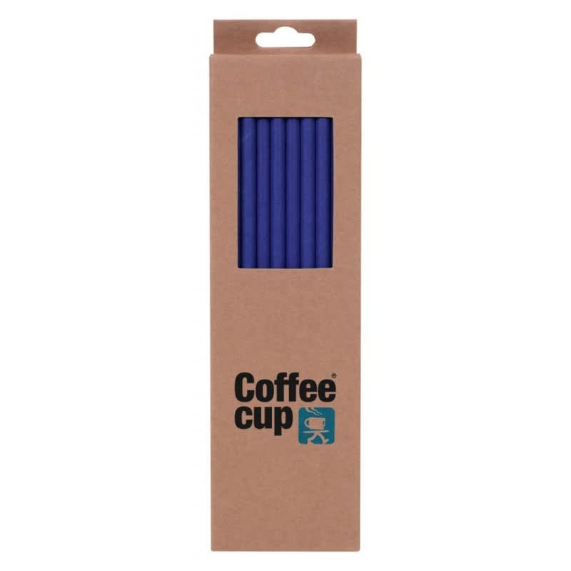 A rectangular box containing multiple blue reusable straws, packaged with a logo.