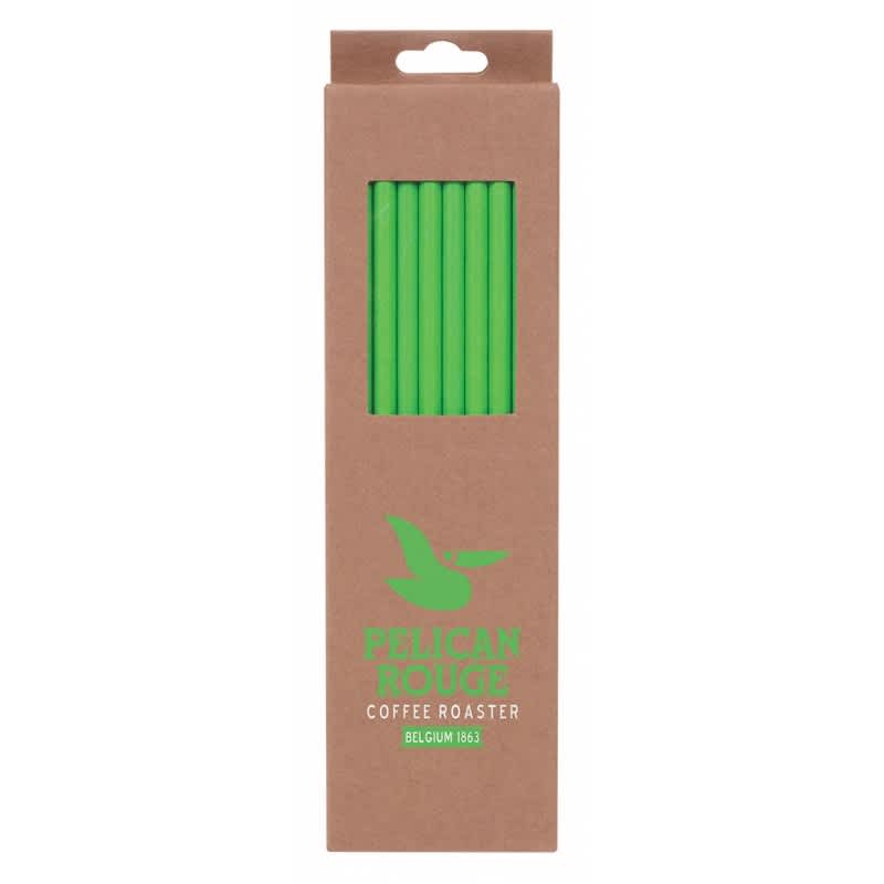 A pack of six green straws in a brown cardboard box, featuring a logo on the front.