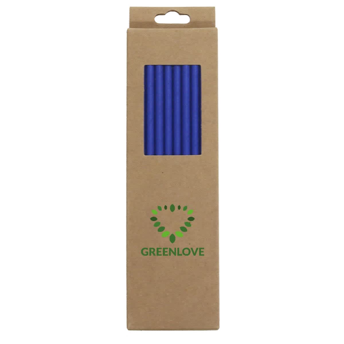 A packaging box containing six blue reusable straws, with a logo on the front.