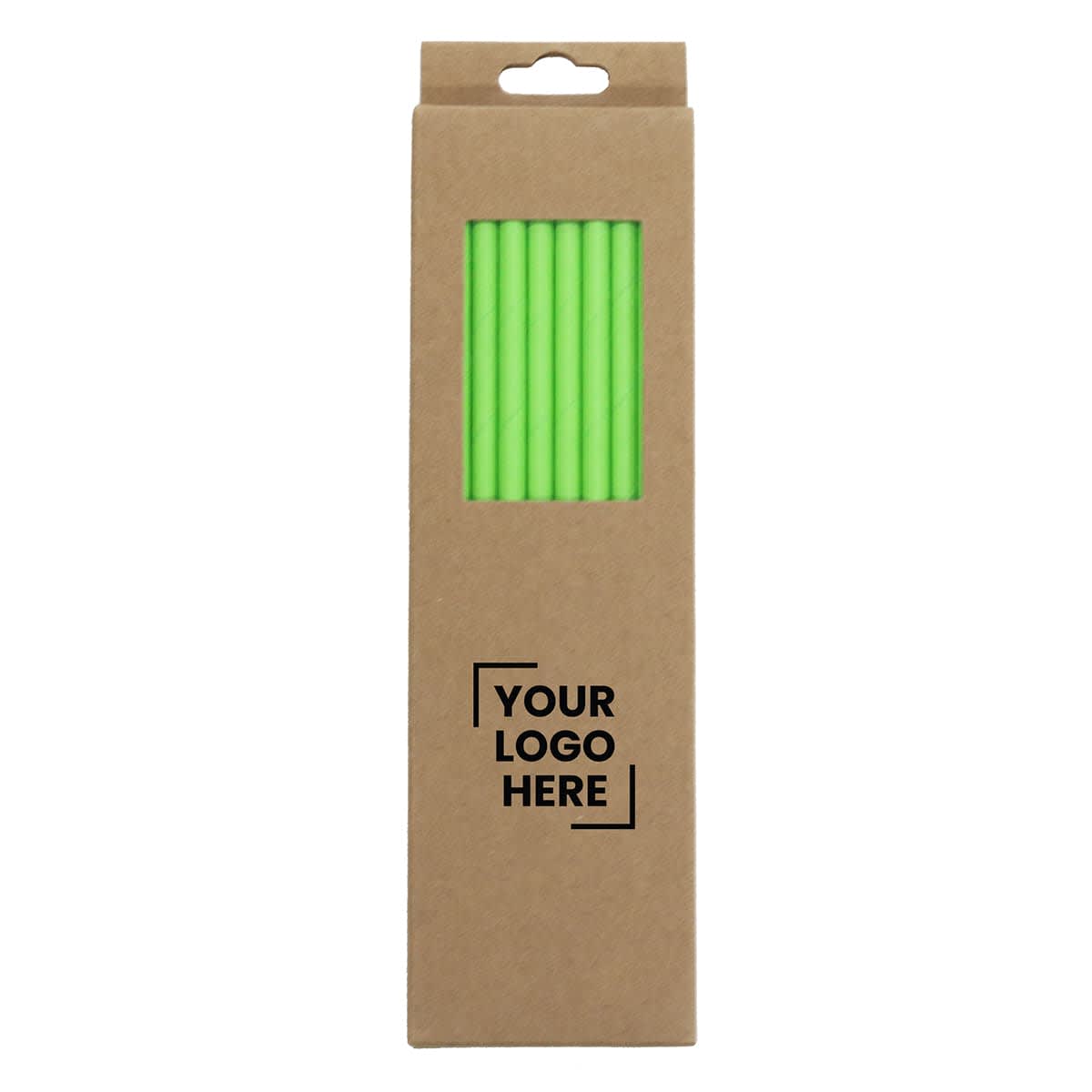 A box containing vibrant green straws, neatly arranged and visible through a transparent section, with a logo on the packaging.