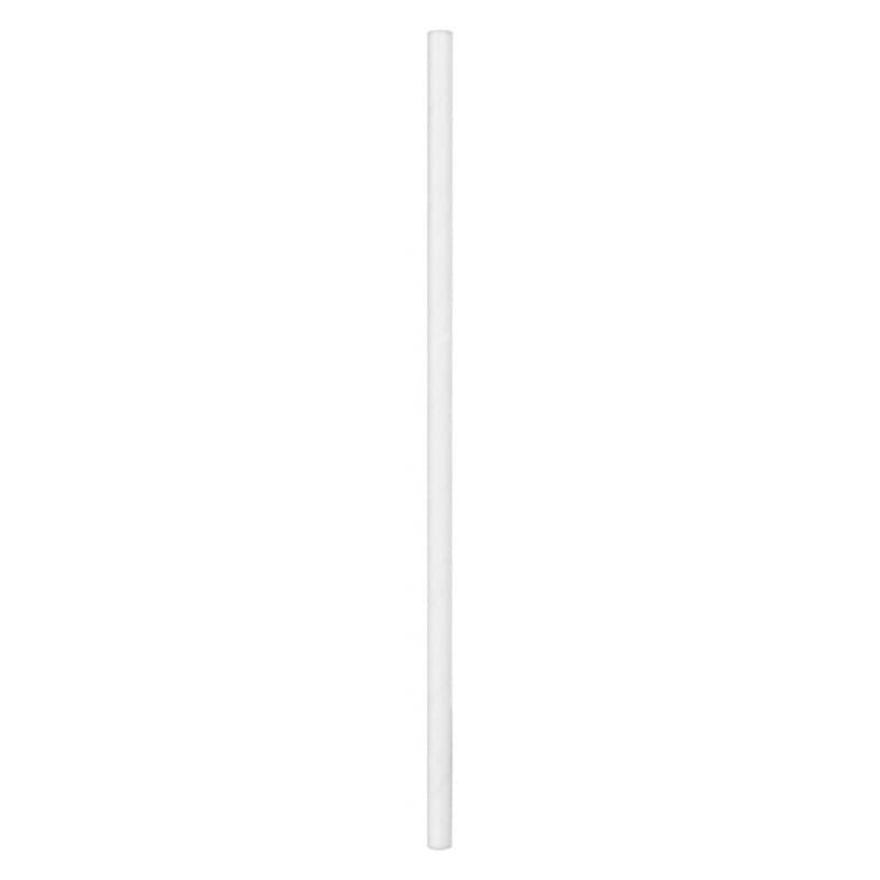 A single white straw displayed vertically against a plain background, featuring a logo at the bottom.