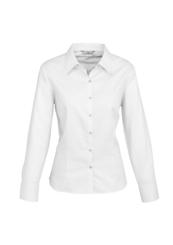 A white long sleeve button-up shirt for women with a fitted design and a collar. It features a logo.