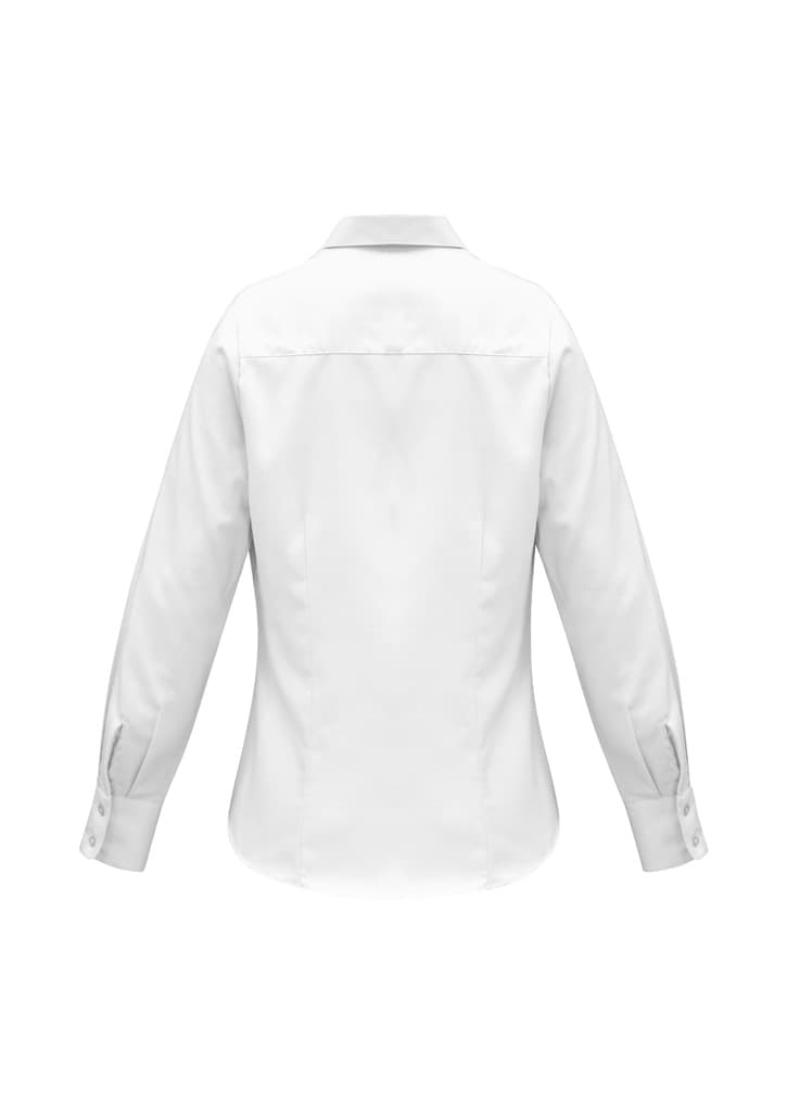 A white women's long sleeve button-up shirt with a classic collar and buttoned cuffs, featuring a branding logo.
