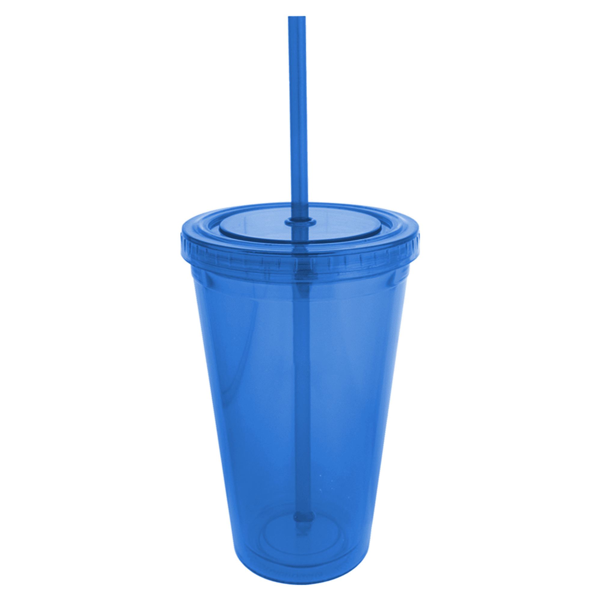 A drink bottle in bright blue with a straw, featuring a screw-on lid and a clear design.