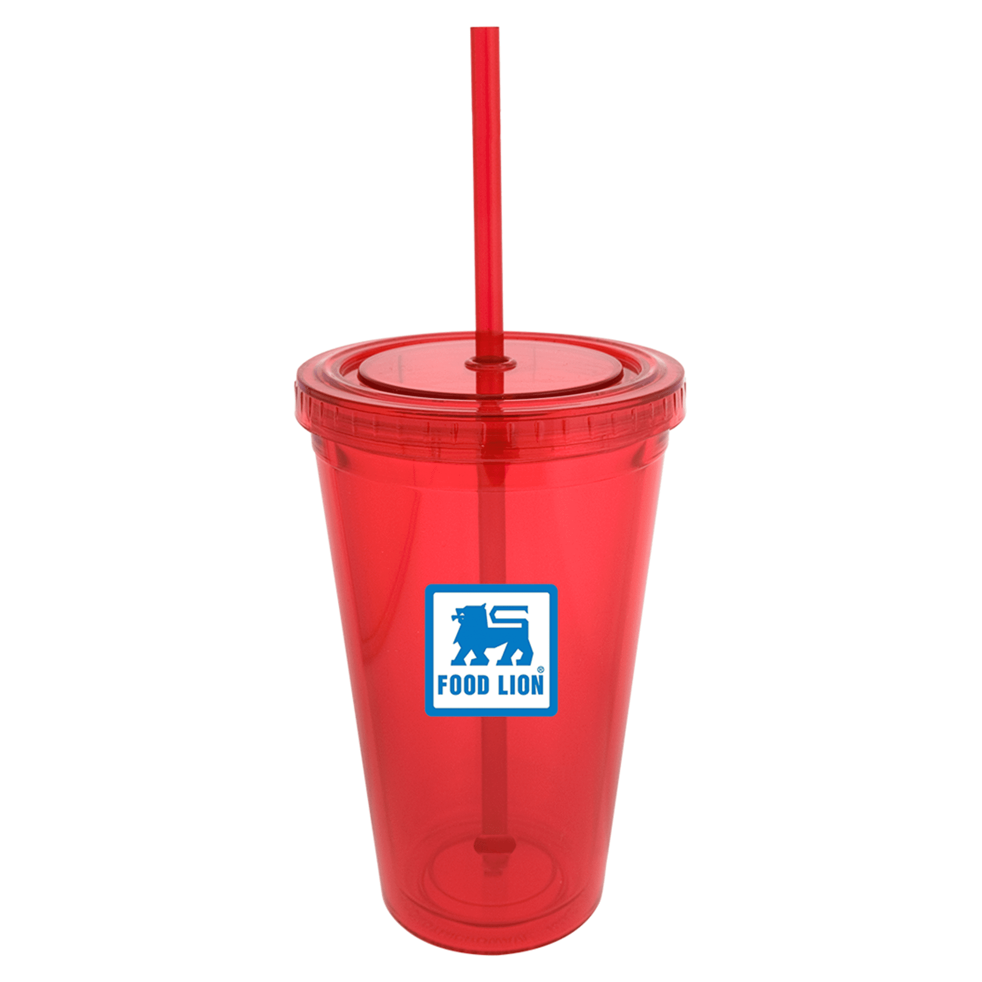 A drink bottle in red acrylic with a matching straw and a logo on the front.