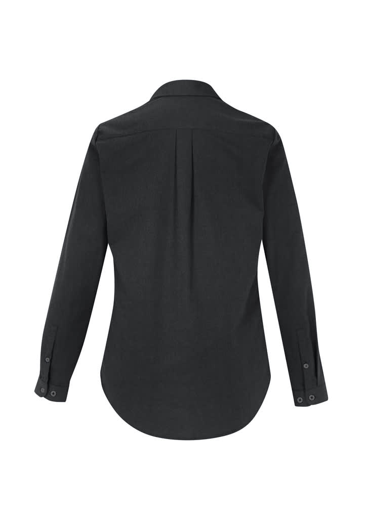 A black women's long sleeve button-up shirt with a pleat detail on the back and buttoned cuffs.