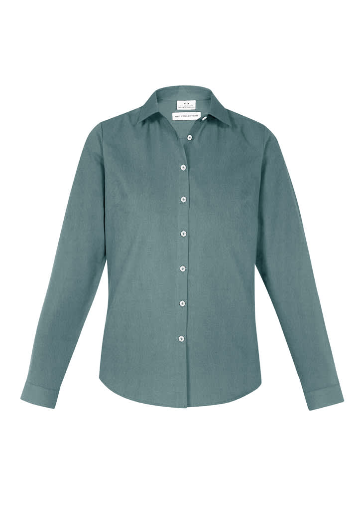 A green women's long sleeve button-up shirt with a collar and a logo on the chest.