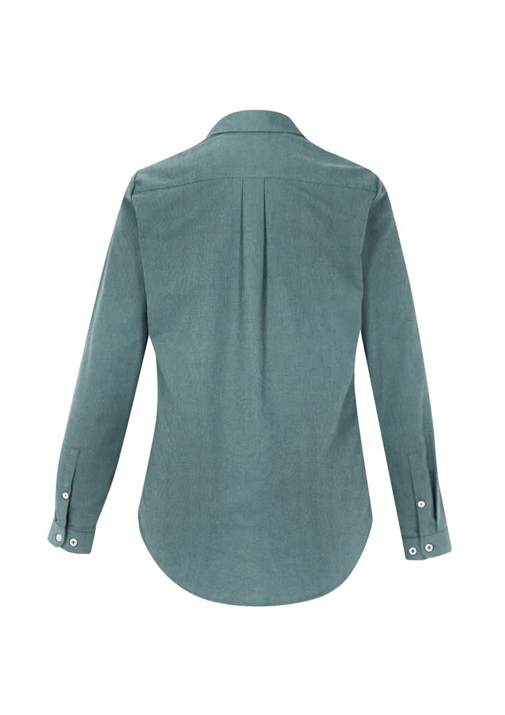 A long-sleeve button-up shirt in teal, featuring a pleated back and buttoned cuffs, with a logo.
