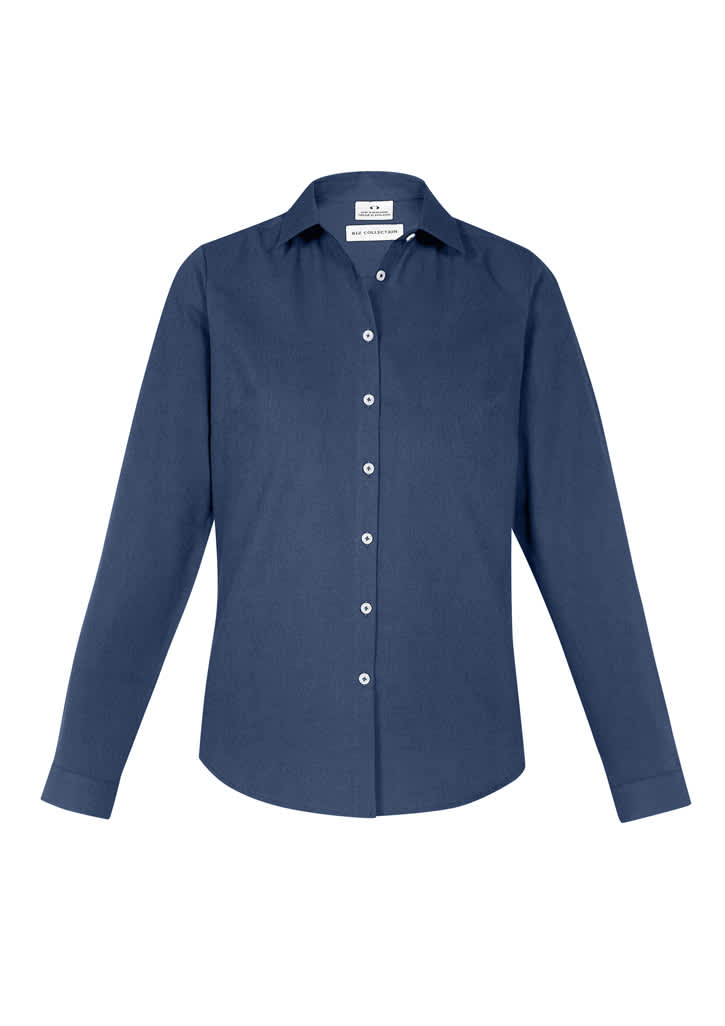 A navy blue long sleeve button-up shirt with a collared design and a logo on the label.